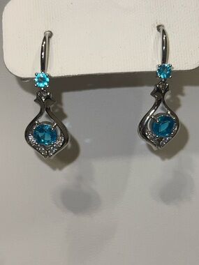 Gold Plated Sterling Silver Teal Blue Drop Earrings with Crystal Accents